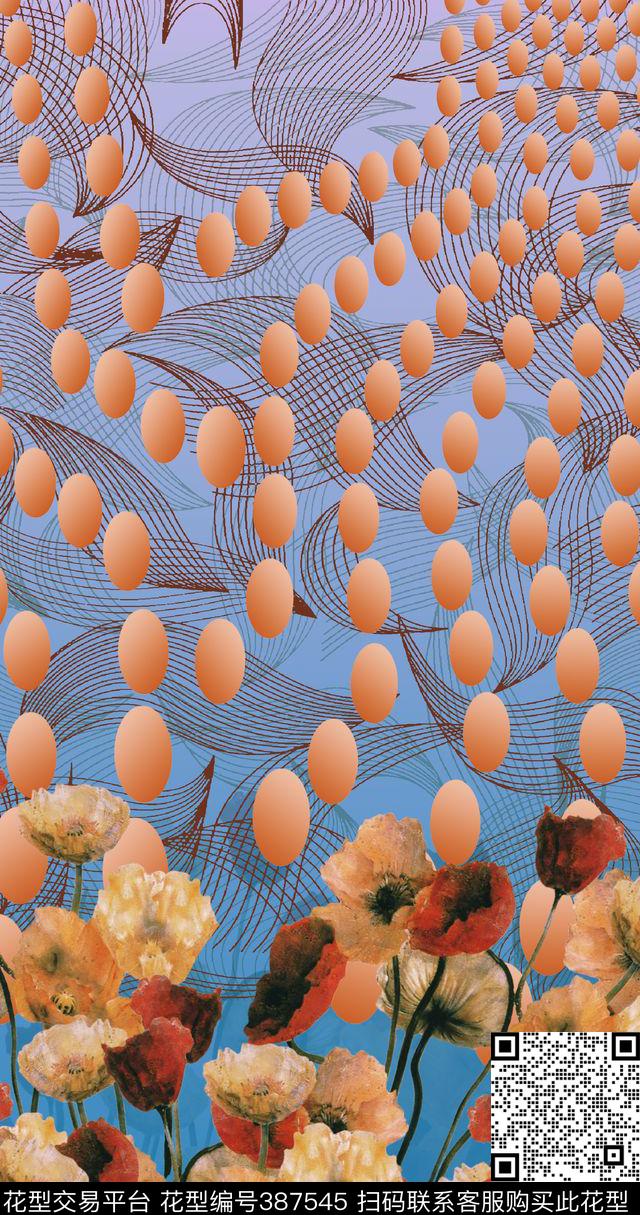 定位花卉线条数码印花华亿平台下载（图片编号: 387545） - 瓦栏（Walan）