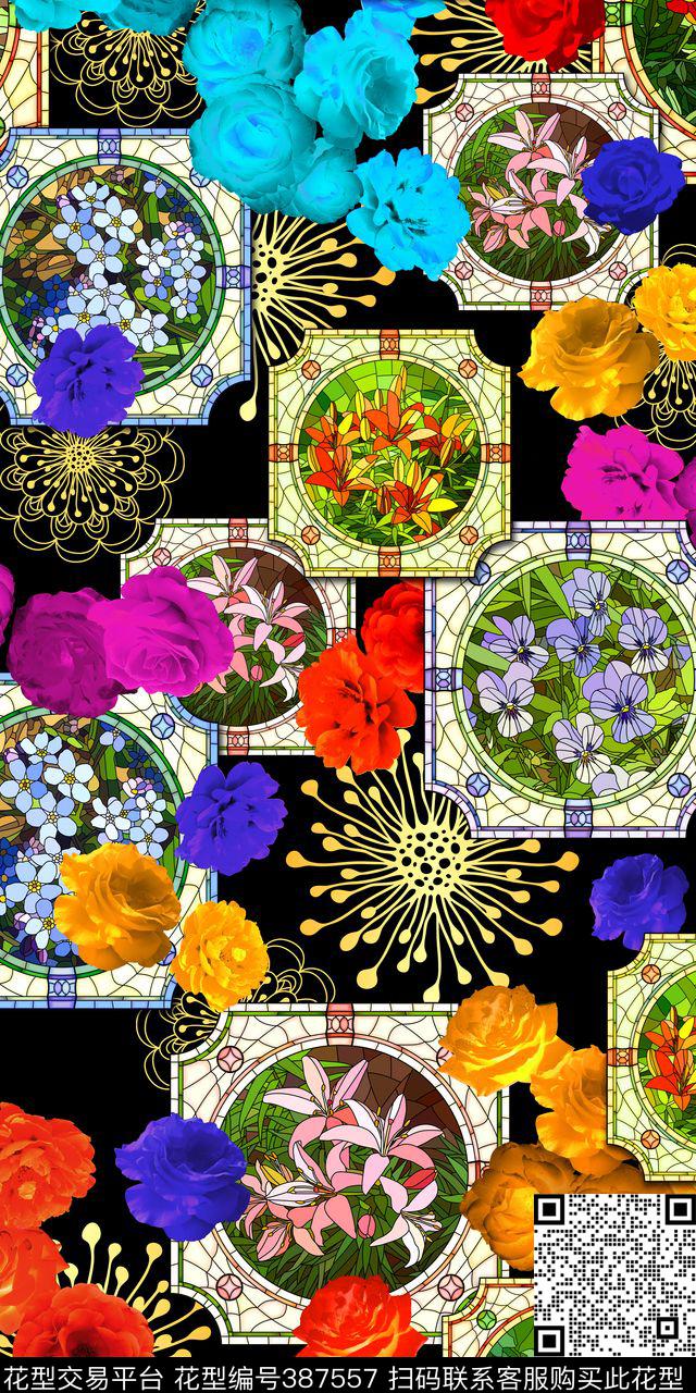 欧式宫廷风彩绘玻璃玫瑰花数码印花华亿平台下载（图片编号: 387557） - 瓦栏（Walan）