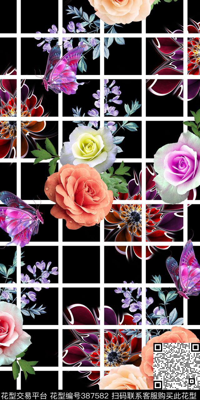 大气格子蝴蝶花卉数码印花华亿平台下载（图片编号: 387582） - 瓦栏（Walan）