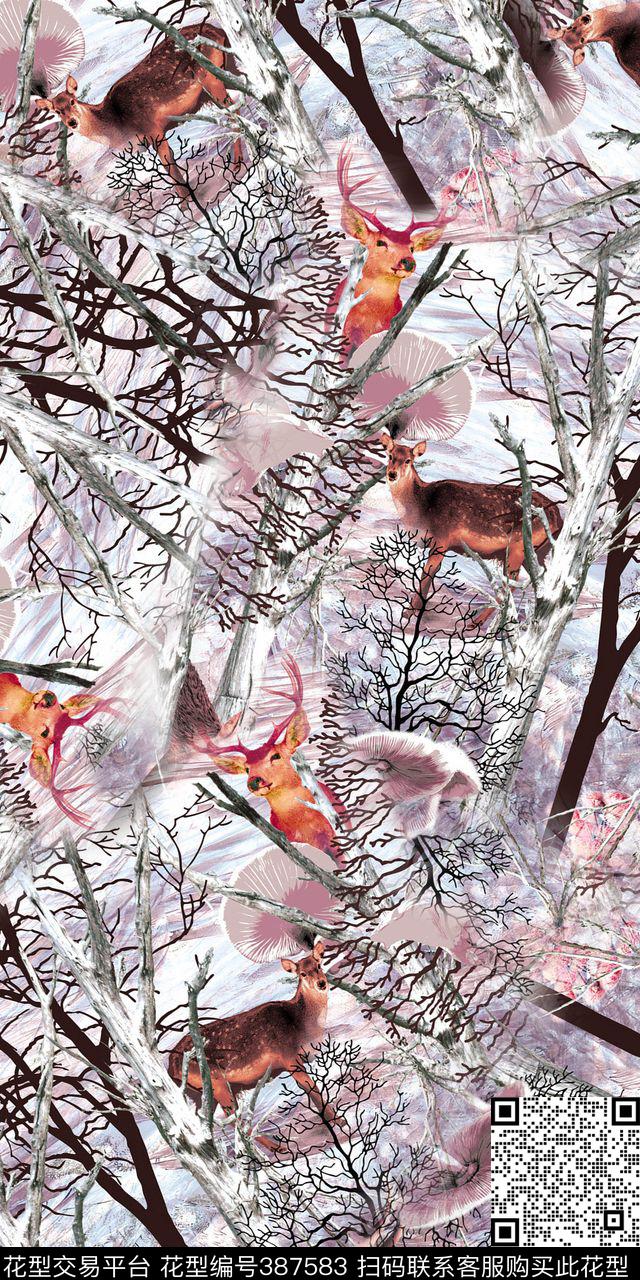 大气清爽树枝小鹿数码印花华亿平台下载（图片编号: 387583） - 瓦栏（Walan）