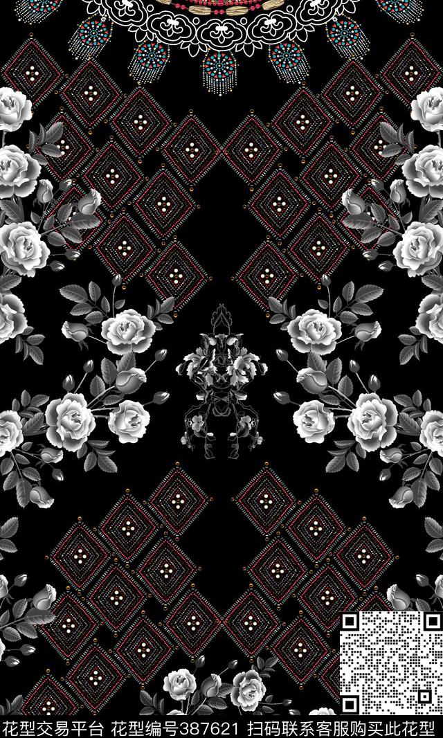 珠宝民族图案黑白花卉数码印花华亿平台下载（图片编号: 387621） - 瓦栏（Walan）