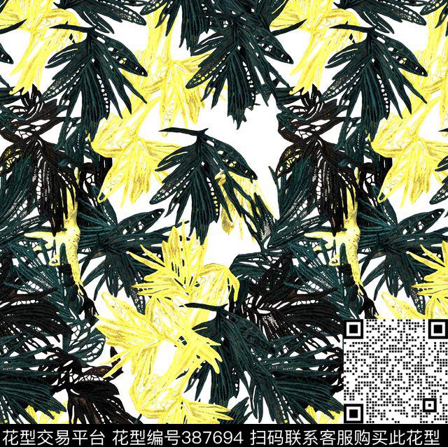 热带叶子绣花效果传统印花华亿平台下载（图片编号: 387694） - 瓦栏（Walan）