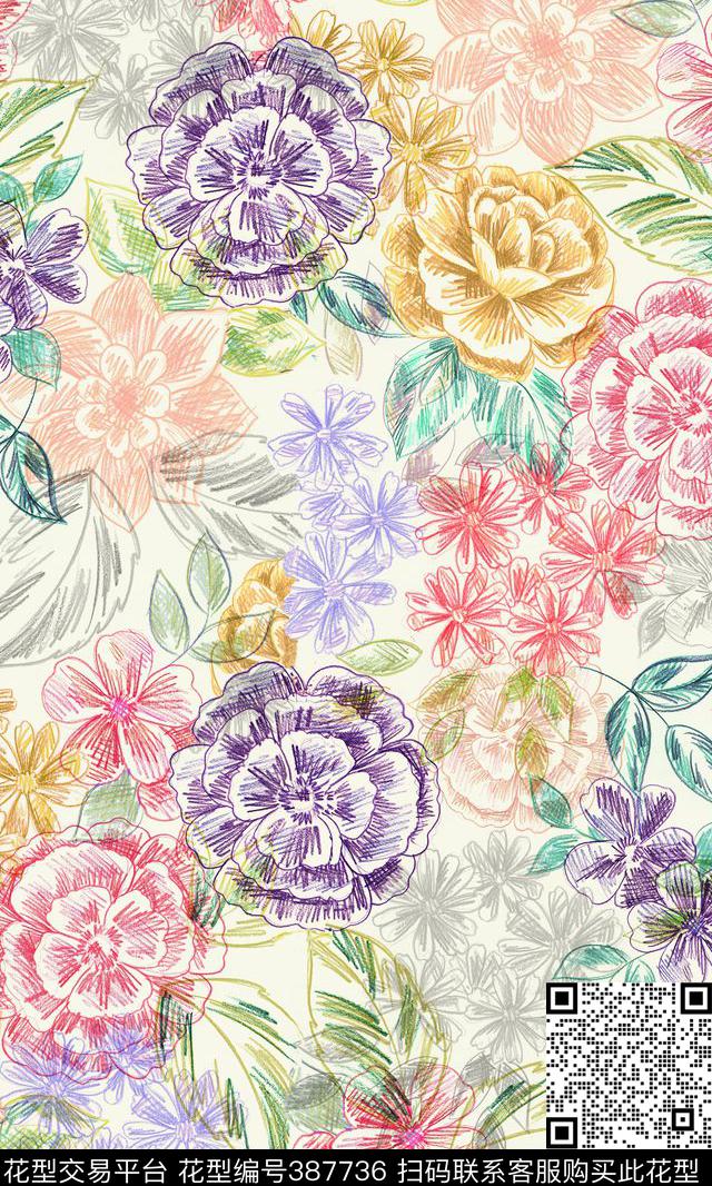 花卉铅笔画数码印花华亿平台下载（图片编号: 387736） - 瓦栏（Walan）