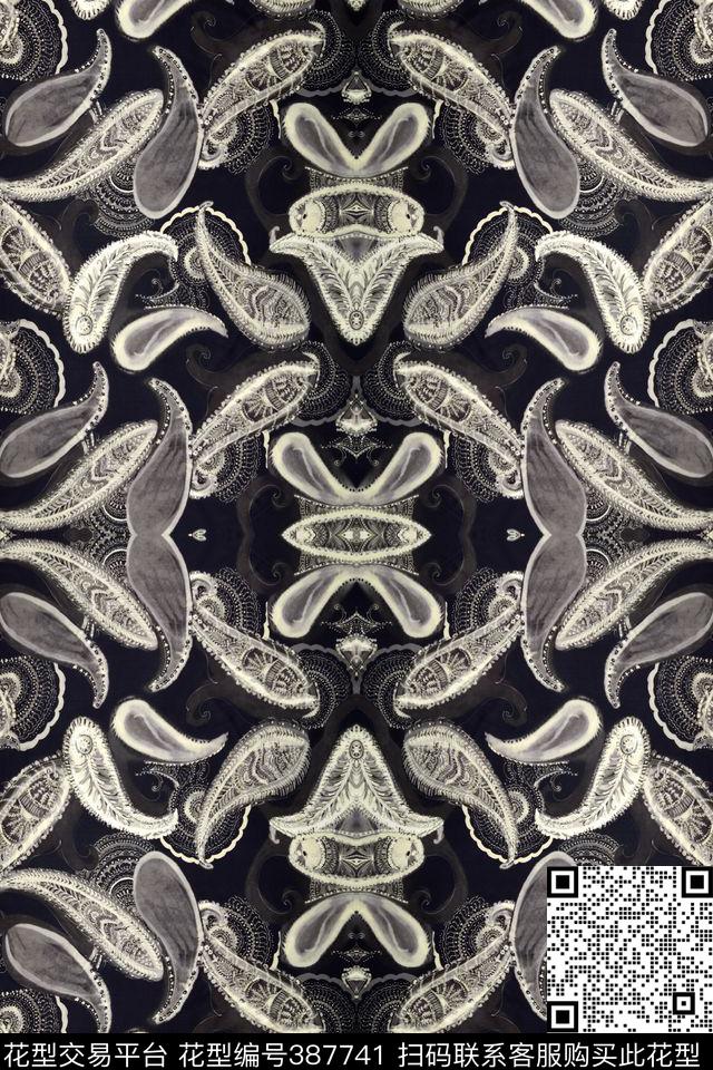 复古黑白水墨腰果花数码印花华亿平台下载（图片编号: 387741） - 瓦栏（Walan）
