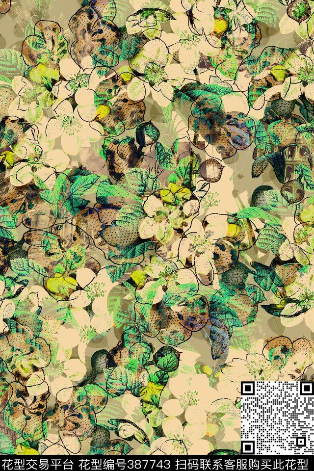 美丽手绘花卉和叶子数码印花华亿平台下载（图片编号: 387743） - 瓦栏（Walan）