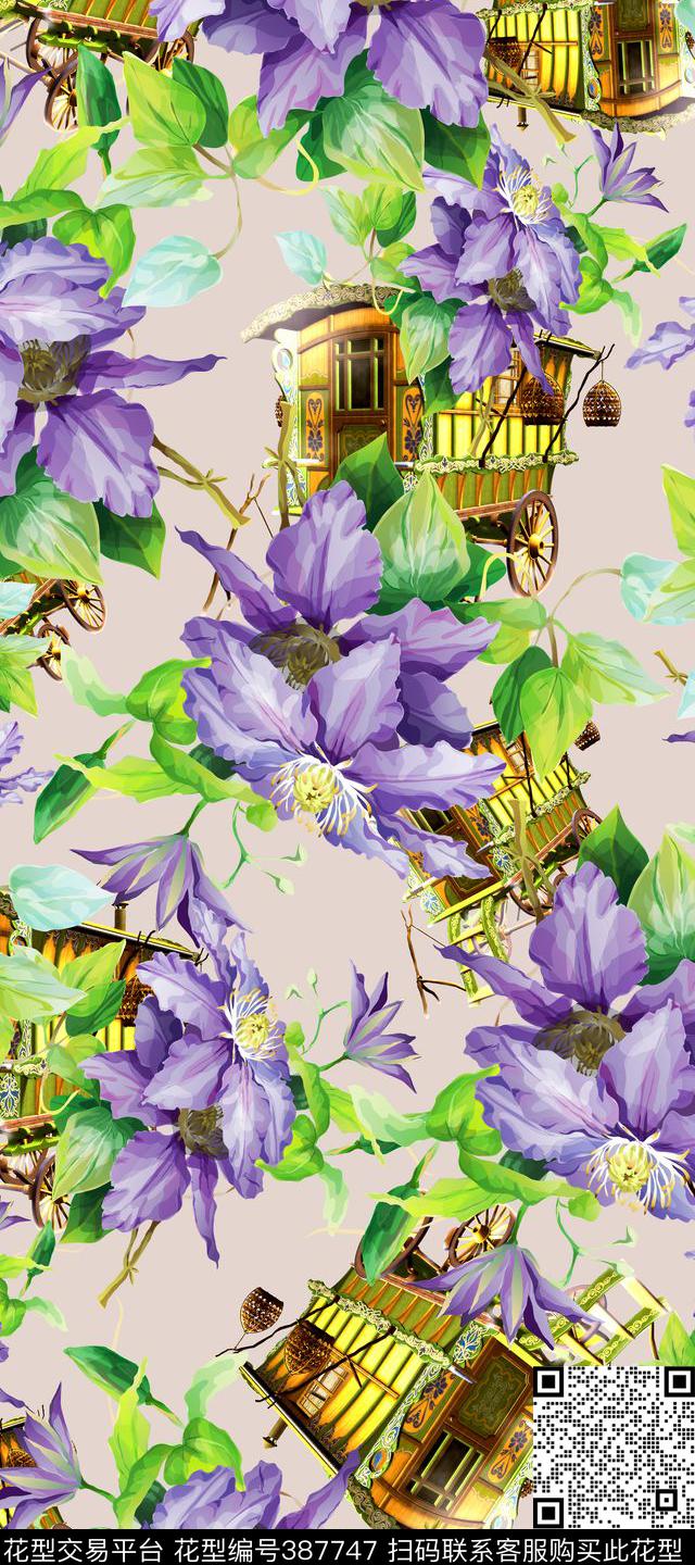 清新花卉欧式复古马车数码印花华亿平台下载（图片编号: 387747） - 瓦栏（Walan）