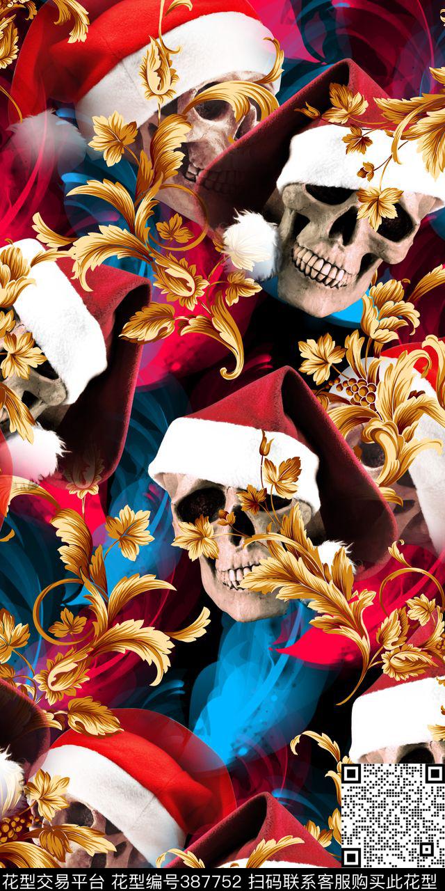 骷髅花卉金色数码印花华亿平台下载（图片编号: 387752） - 瓦栏（Walan）