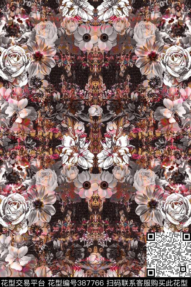 黑白花卉千鸟纹针织底纹数码印花华亿平台下载（图片编号: 387766） - 瓦栏（Walan）