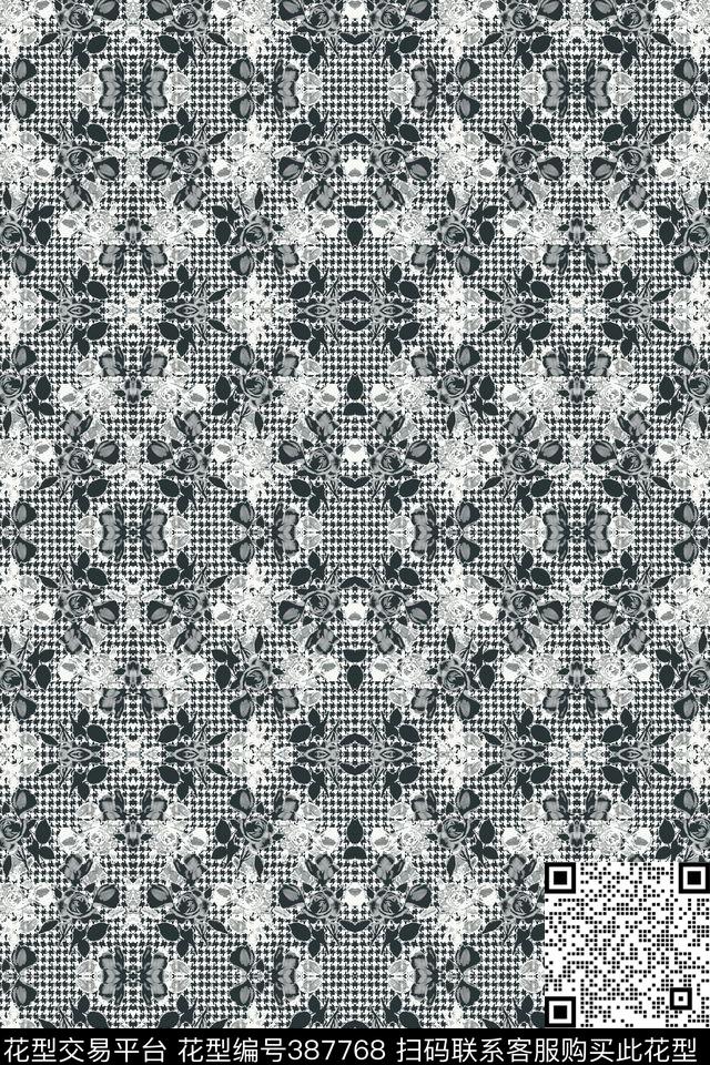 创意千鸟纹波点精细黑白玫瑰花卉传统印花华亿平台下载（图片编号: 387768） - 瓦栏（Walan）