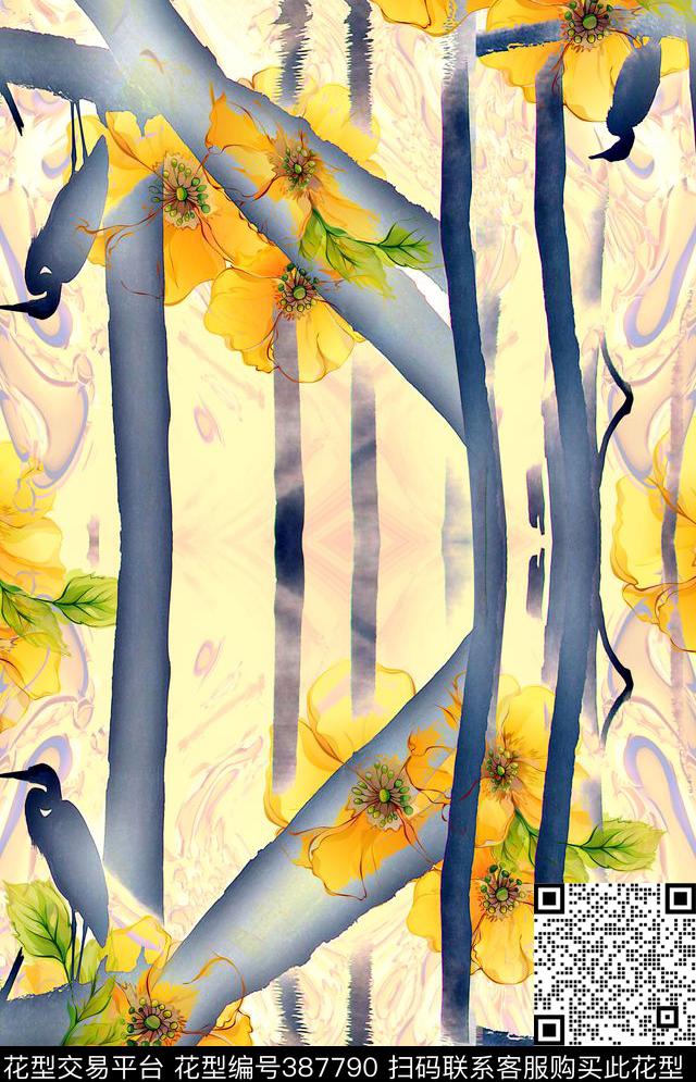花写意花鸟混搭类数码印花华亿平台下载（图片编号: 387790） - 瓦栏（Walan）