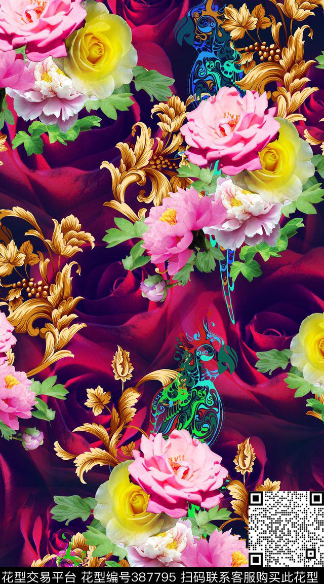 玫瑰鹦鹉金色数码印花华亿平台下载（图片编号: 387795） - 瓦栏（Walan）