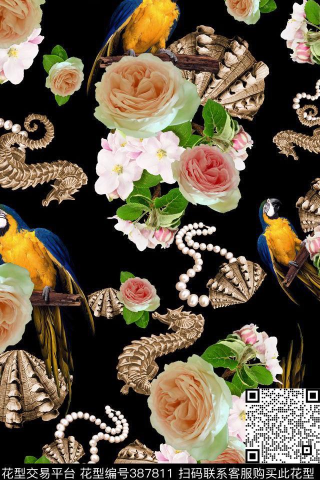 热带贝壳海马数码印花华亿平台下载（图片编号: 387811） - 瓦栏（Walan）