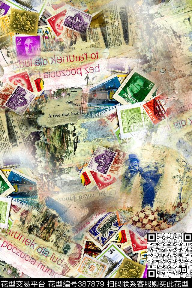 复古邮票报纸数码印花华亿平台下载（图片编号: 387879） - 瓦栏（Walan）