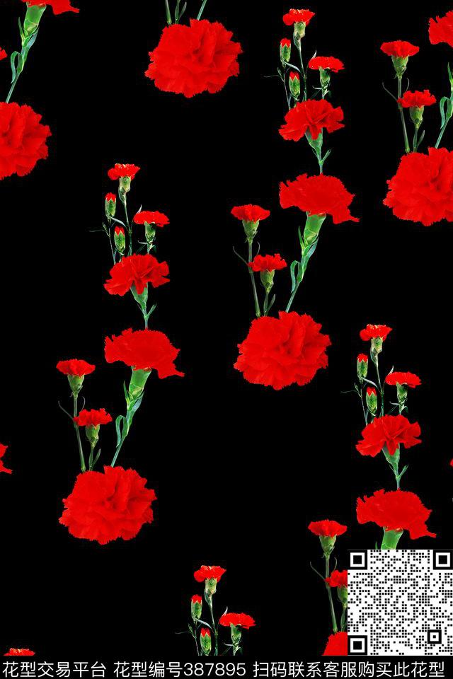 流行时尚红色康乃馨传统印花华亿平台下载（图片编号: 387895） - 瓦栏（Walan）