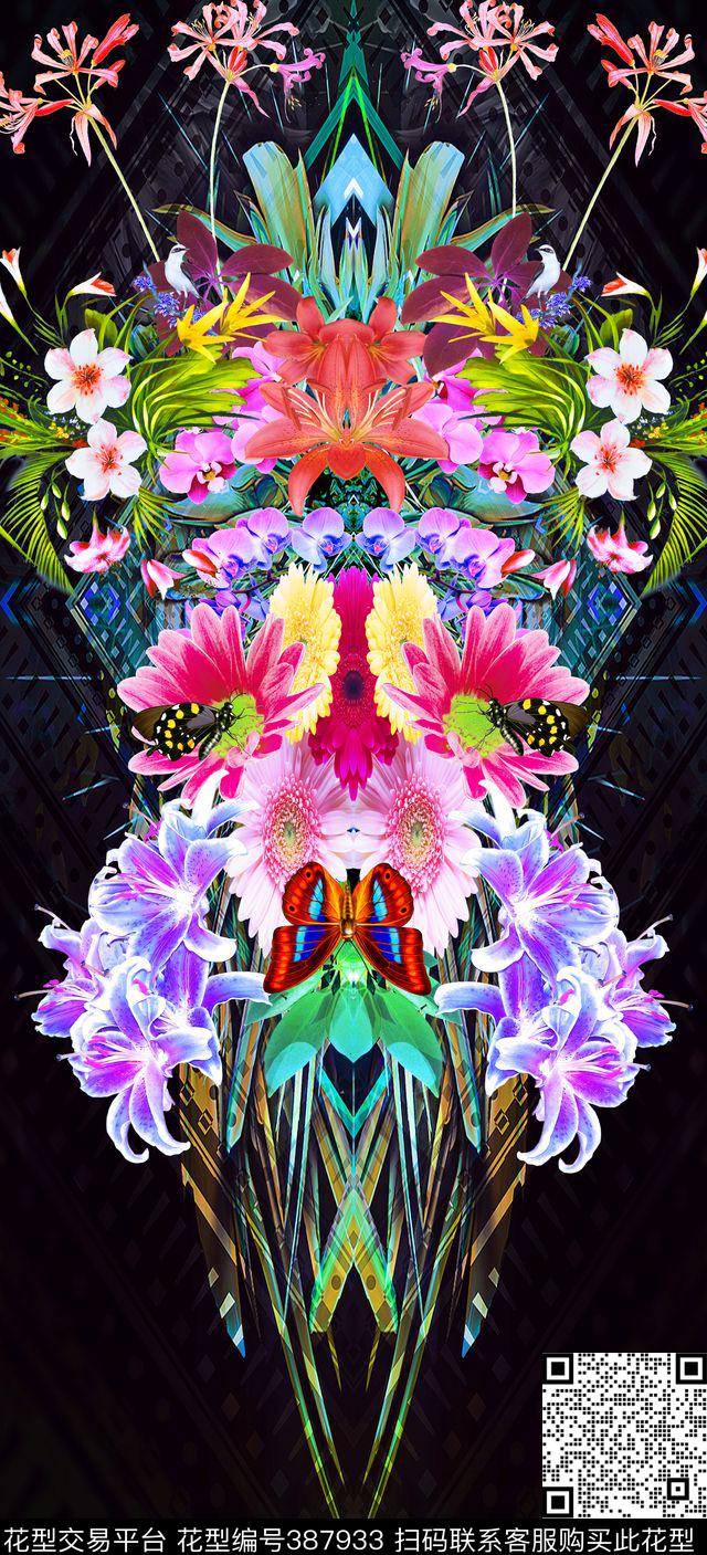 蝴蝶鸟花卉女装数码印花华亿平台下载（图片编号: 387933） - 瓦栏（Walan）