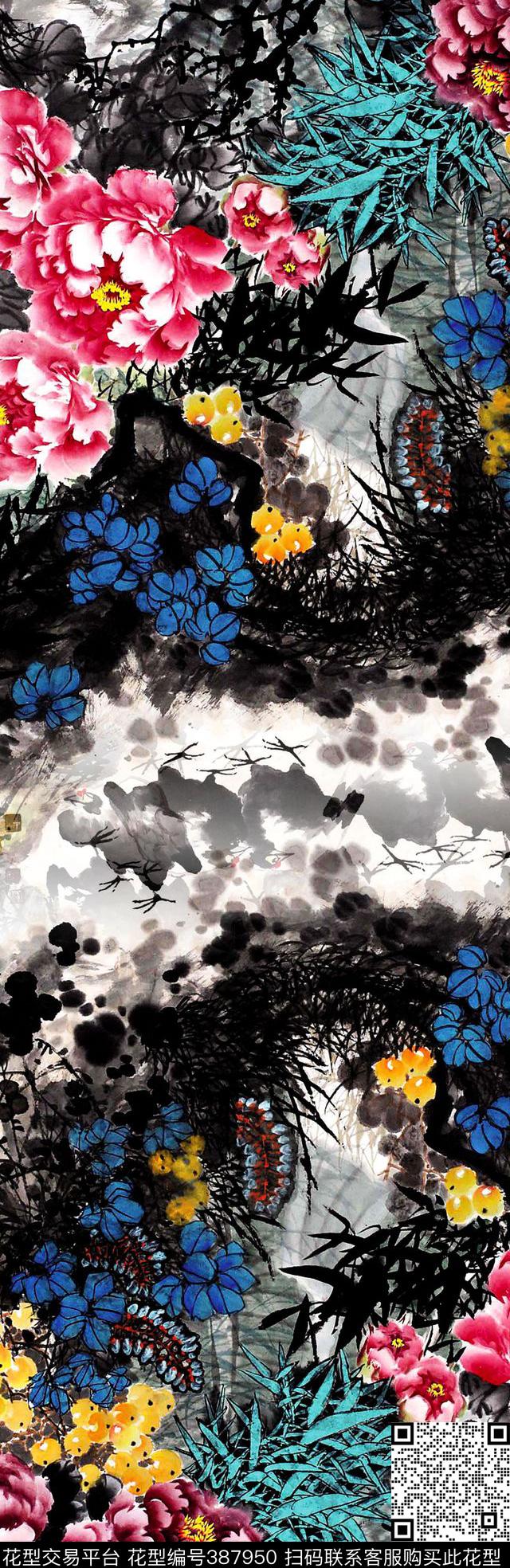 中国风水墨画长巾数码印花华亿平台下载（图片编号: 387950） - 瓦栏（Walan）