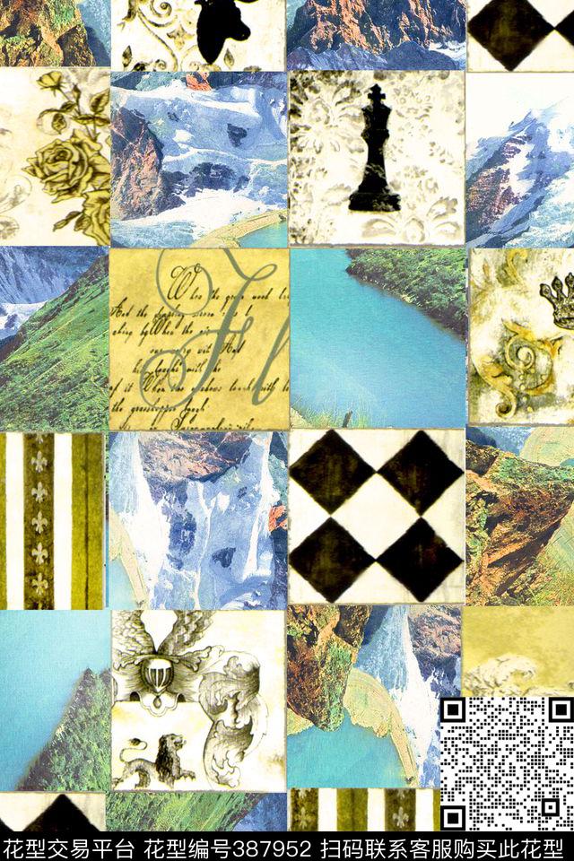 欧式几何拼接风景数码印花华亿平台下载（图片编号: 387952） - 瓦栏（Walan）
