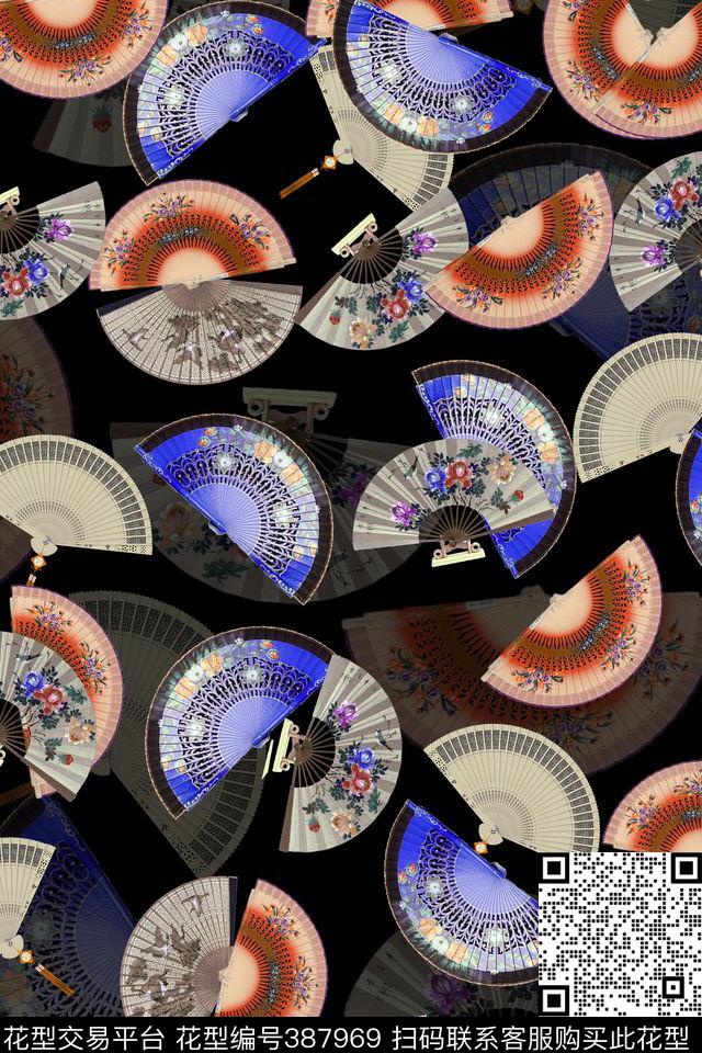 多彩扇子黑底小碎花数码印花华亿平台下载（图片编号: 387969） - 瓦栏（Walan）
