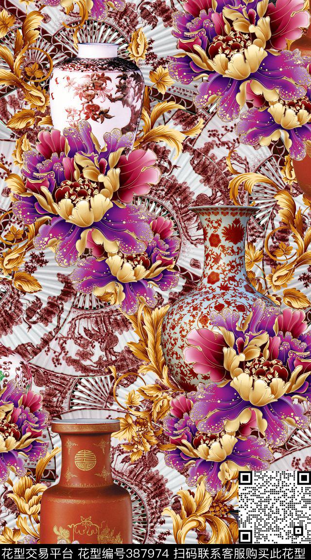 民族风红色扇子数码印花华亿平台下载（图片编号: 387974） - 瓦栏（Walan）