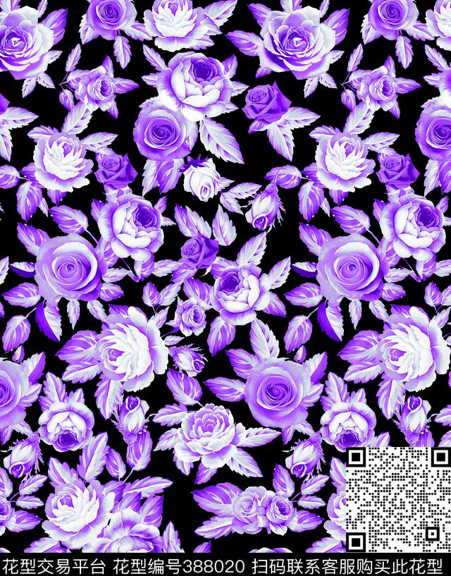 黑底花朵满花传统印花华亿平台下载（图片编号: 388020） - 瓦栏（Walan）