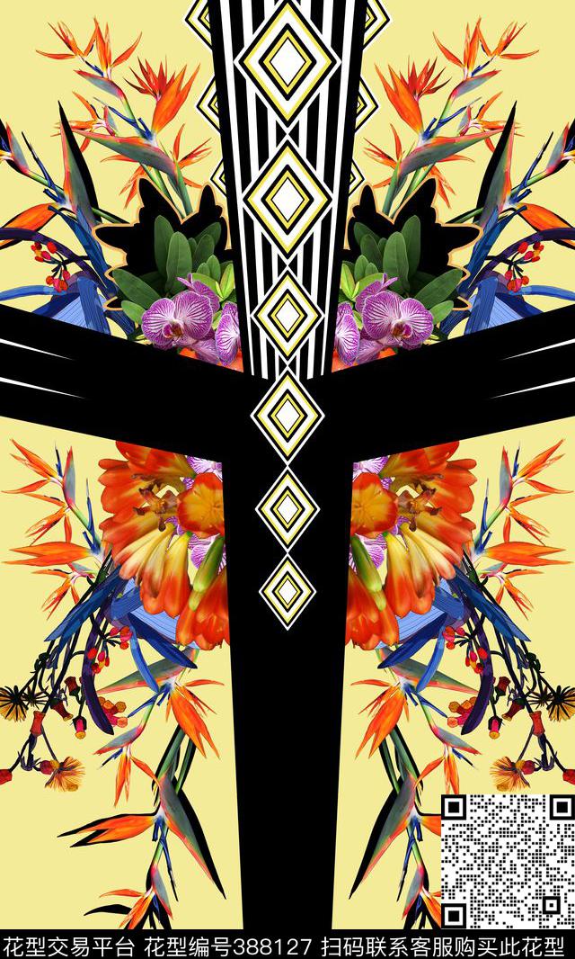 写实花卉几何图案热带植物数码印花华亿平台下载（图片编号: 388127） - 瓦栏（Walan）