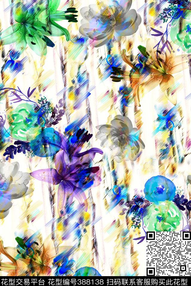 抽象水彩花卉花卉花卉组合数码印花华亿平台下载（图片编号: 388138） - 瓦栏（Walan）