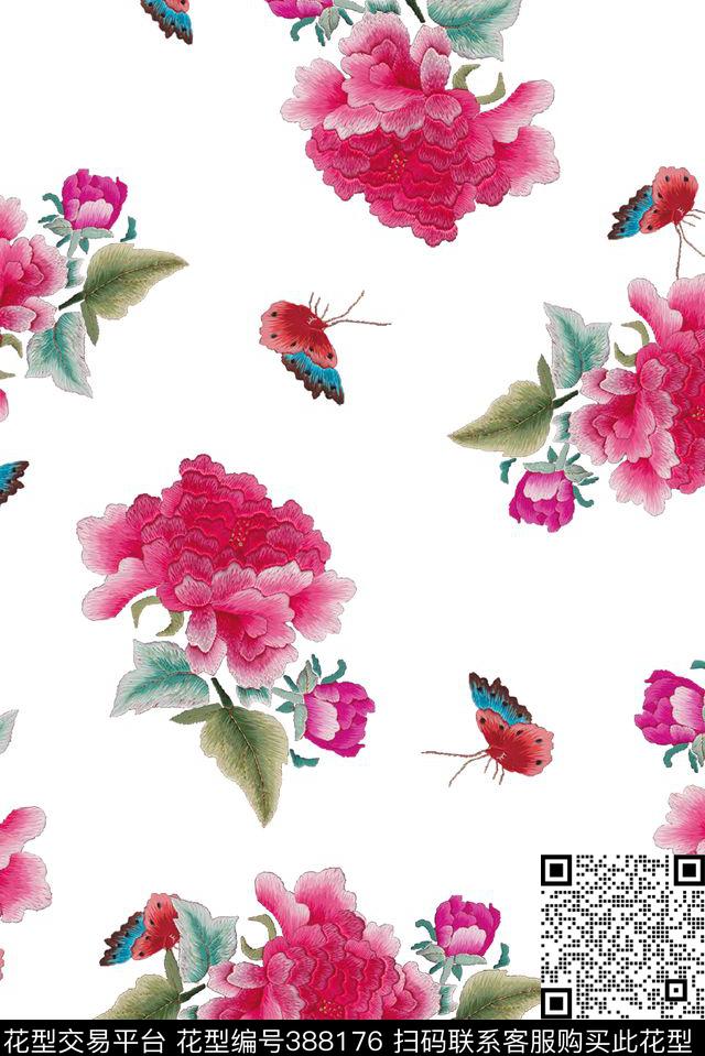 复古牡丹绣花数码印花华亿平台下载（图片编号: 388176） - 瓦栏（Walan）