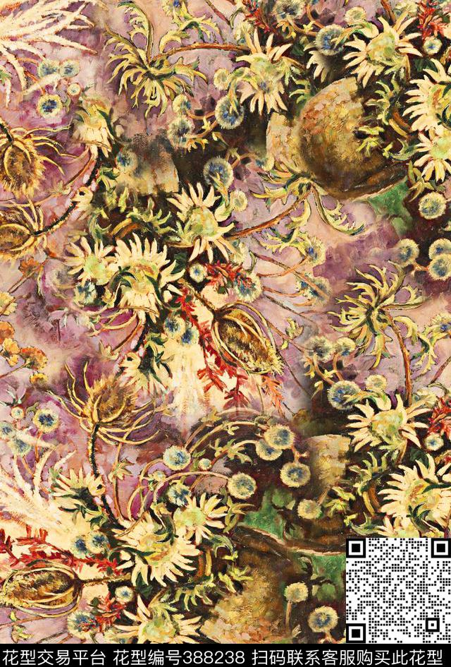 油画手绘花卉数码印花华亿平台下载（图片编号: 388238） - 瓦栏（Walan）
