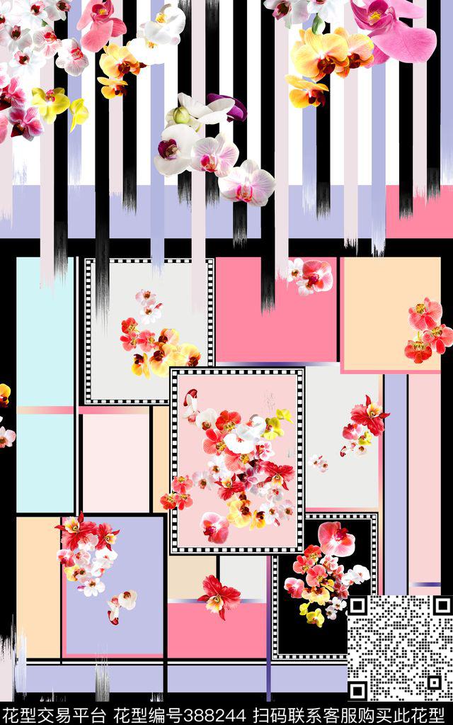 数码印花花卉条纹格子花卉数码印花华亿平台下载（图片编号: 388244） - 瓦栏（Walan）