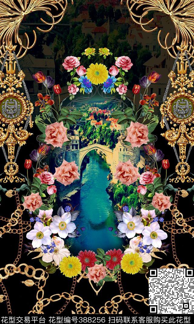 风景花卉链条欧式纹样数码印花华亿平台下载（图片编号: 388256） - 瓦栏（Walan）