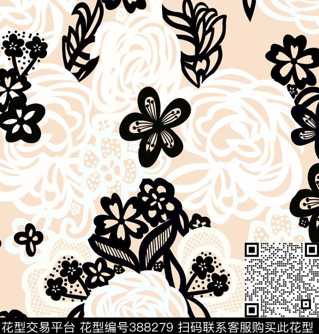 抽象创意黑白花传统印花华亿平台下载（图片编号: 388279） - 瓦栏（Walan）