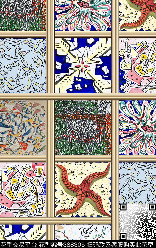 几何加花花卉数码印花华亿平台下载（图片编号: 388305） - 瓦栏（Walan）