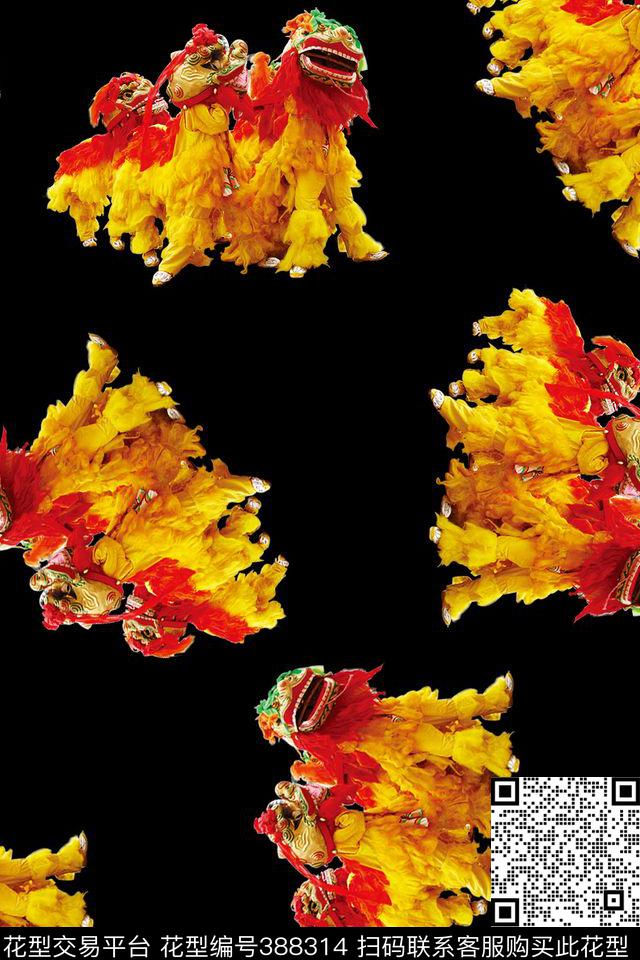 复古男装女装羽绒服文艺跑龙套舞狮子黑底立体感传统印花华亿平台下载（图片编号: 388314） - 瓦栏（Walan）