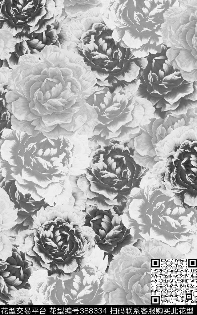 黑白花卉四方连续传统印花华亿平台下载（图片编号: 388334） - 瓦栏（Walan）