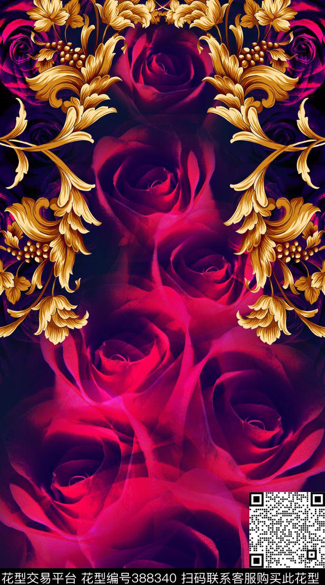 玫瑰叶子欧式宫廷数码印花华亿平台下载（图片编号: 388340） - 瓦栏（Walan）