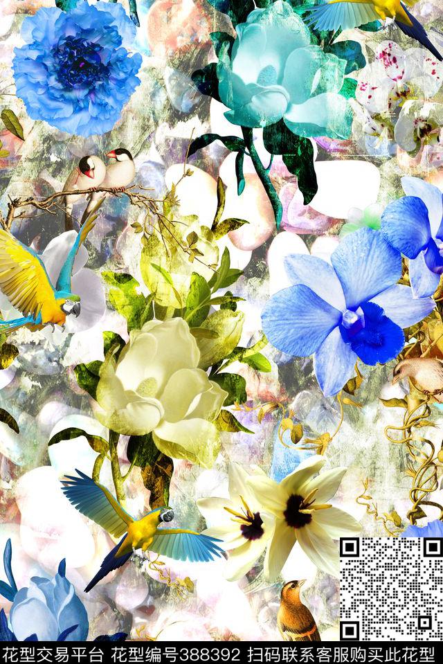 数码春天花卉花卉花卉组合数码印花华亿平台下载（图片编号: 388392） - 瓦栏（Walan）