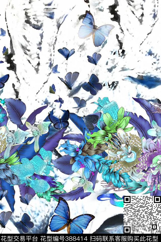 抽象蝴蝶花卉传统印花华亿平台下载（图片编号: 388414） - 瓦栏（Walan）