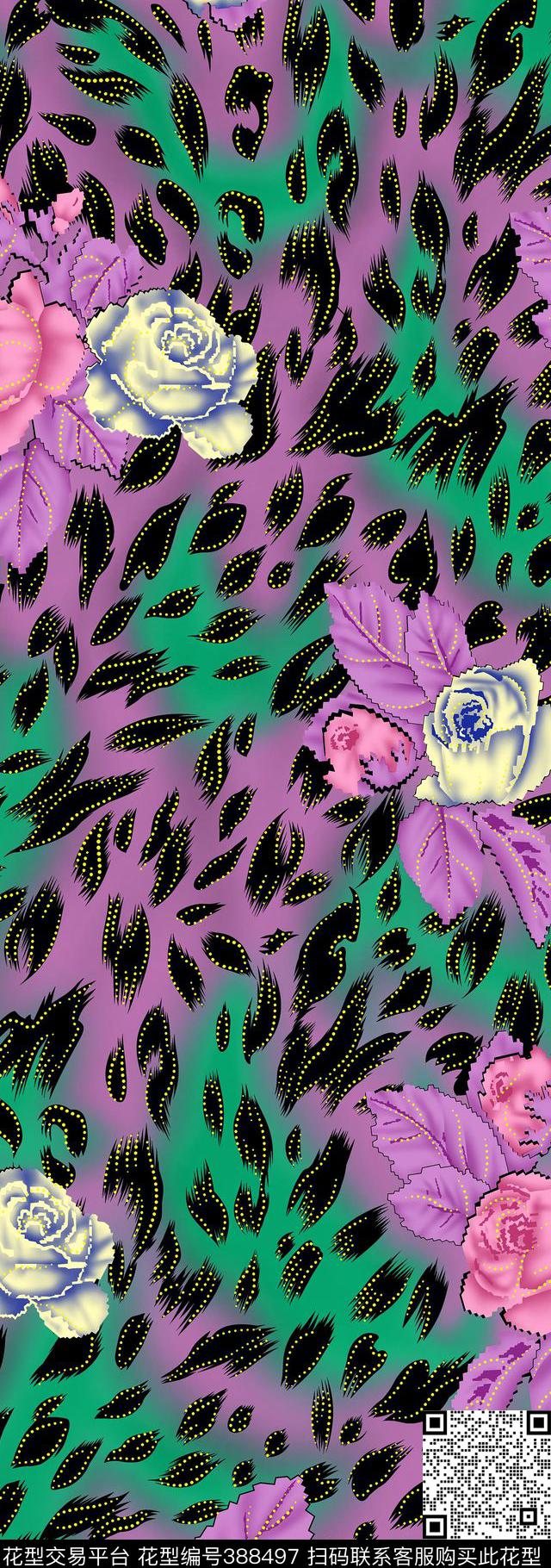 欧美玫瑰花加豹纹幻彩底加闪片传统印花华亿平台下载（图片编号: 388497） - 瓦栏（Walan）