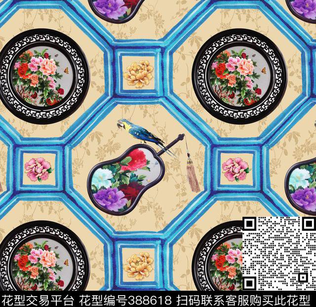 中国民族风鹦鹉扇子数码印花华亿平台下载（图片编号: 388618） - 瓦栏（Walan）