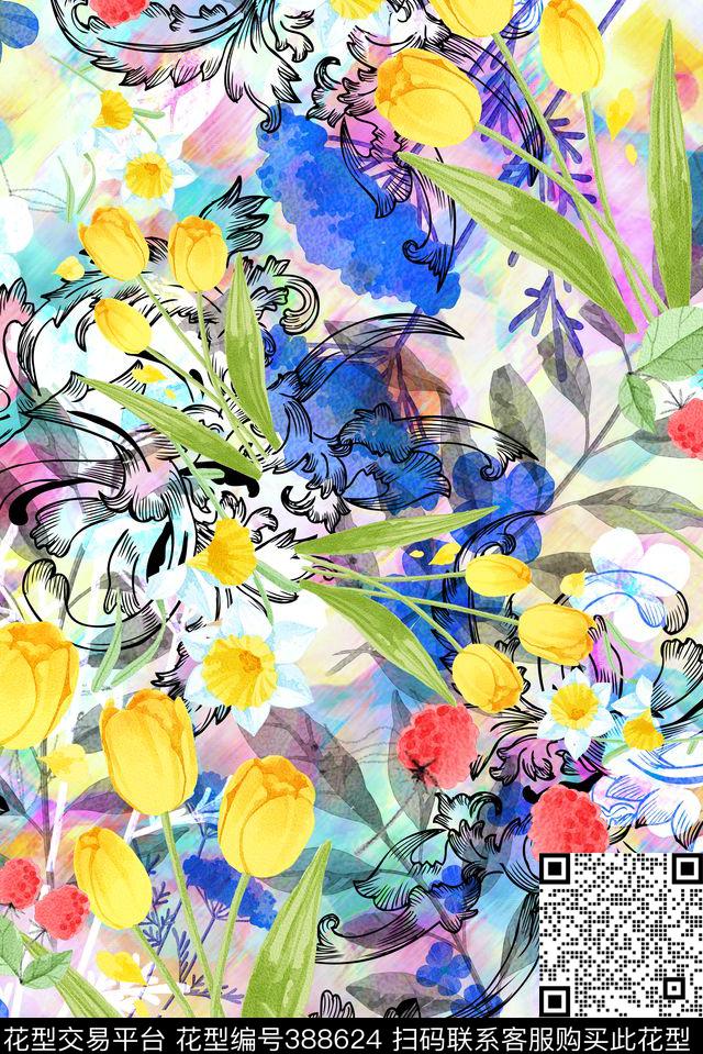 春夏枝叶草莓数码印花华亿平台下载（图片编号: 388624） - 瓦栏（Walan）