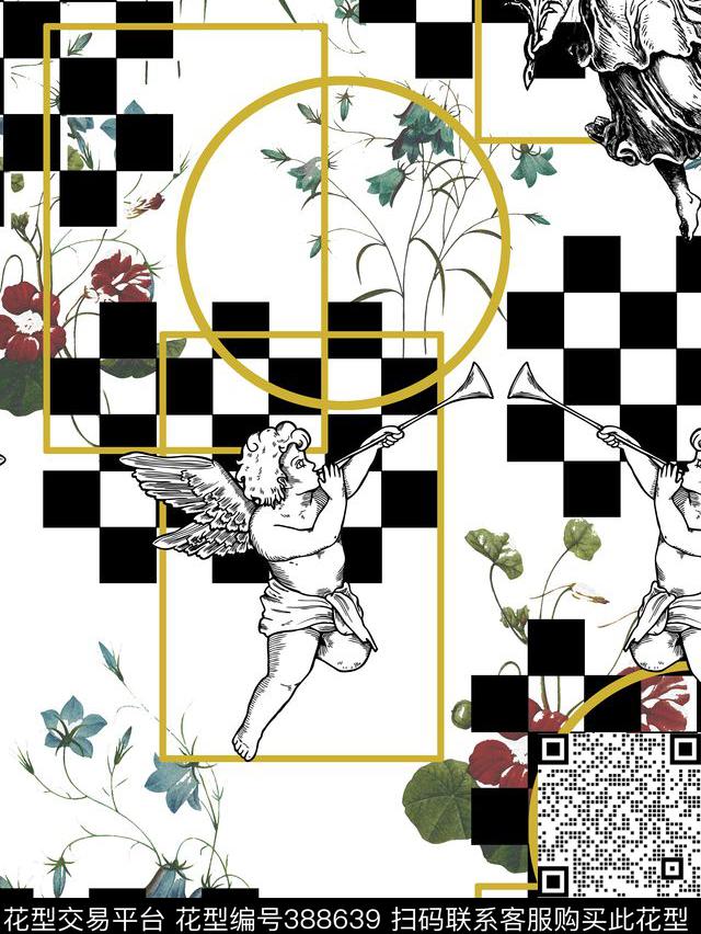 黑白黑白格天使花卉数码印花华亿平台下载（图片编号: 388639） - 瓦栏（Walan）