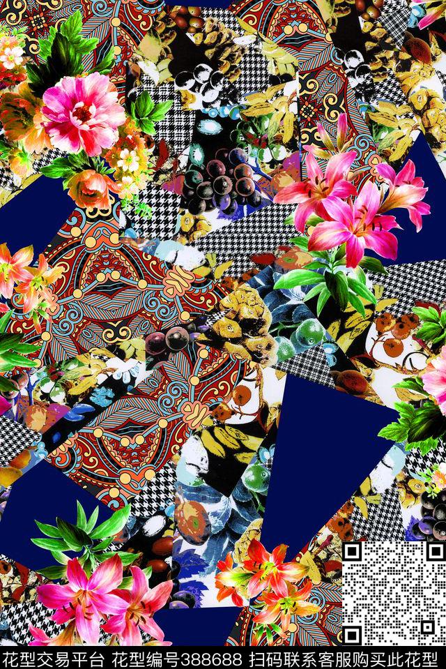 花卉拼贴个性数码印花华亿平台下载（图片编号: 388688） - 瓦栏（Walan）