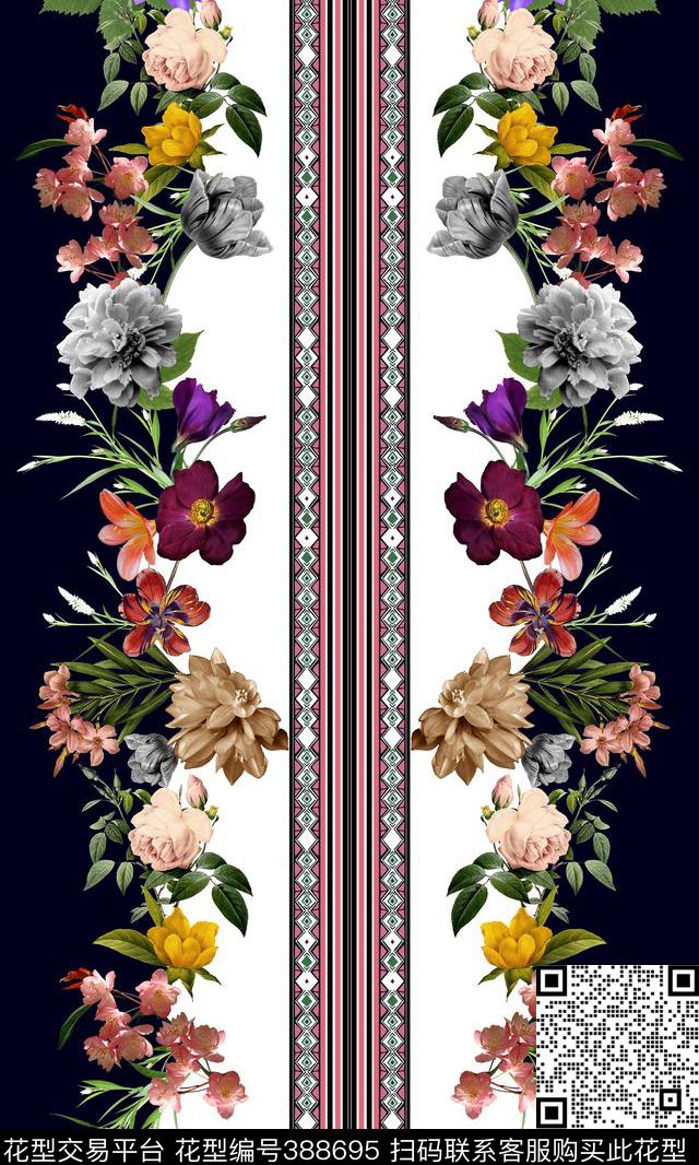 写实花卉几何图案深色背景底色数码印花华亿平台下载（图片编号: 388695） - 瓦栏（Walan）