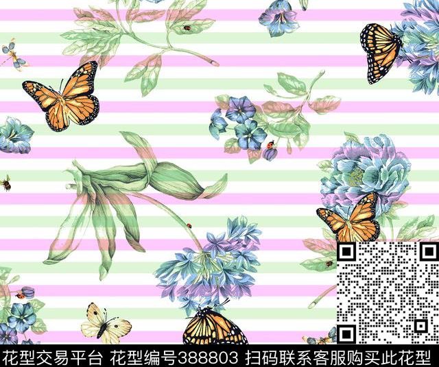 横条蝴蝶淡雅花可爱动物数码印花华亿平台下载（图片编号: 388803） - 瓦栏（Walan）