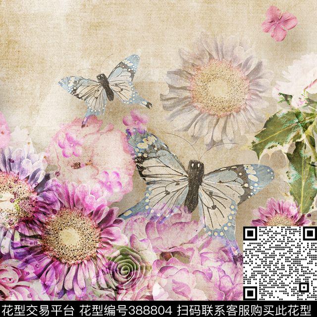 大花蝴蝶朦胧数码印花华亿平台下载（图片编号: 388804） - 瓦栏（Walan）