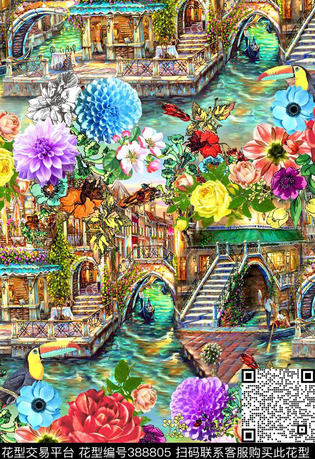 时尚油画风景威尼斯数码印花华亿平台下载（图片编号: 388805） - 瓦栏（Walan）
