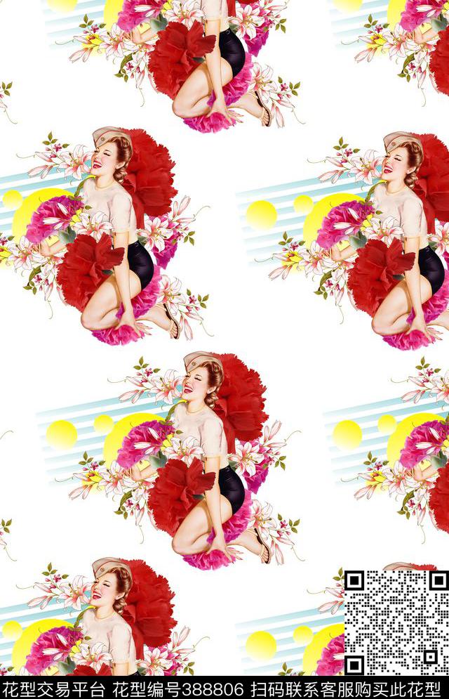 花女人写意数码印花华亿平台下载（图片编号: 388806） - 瓦栏（Walan）