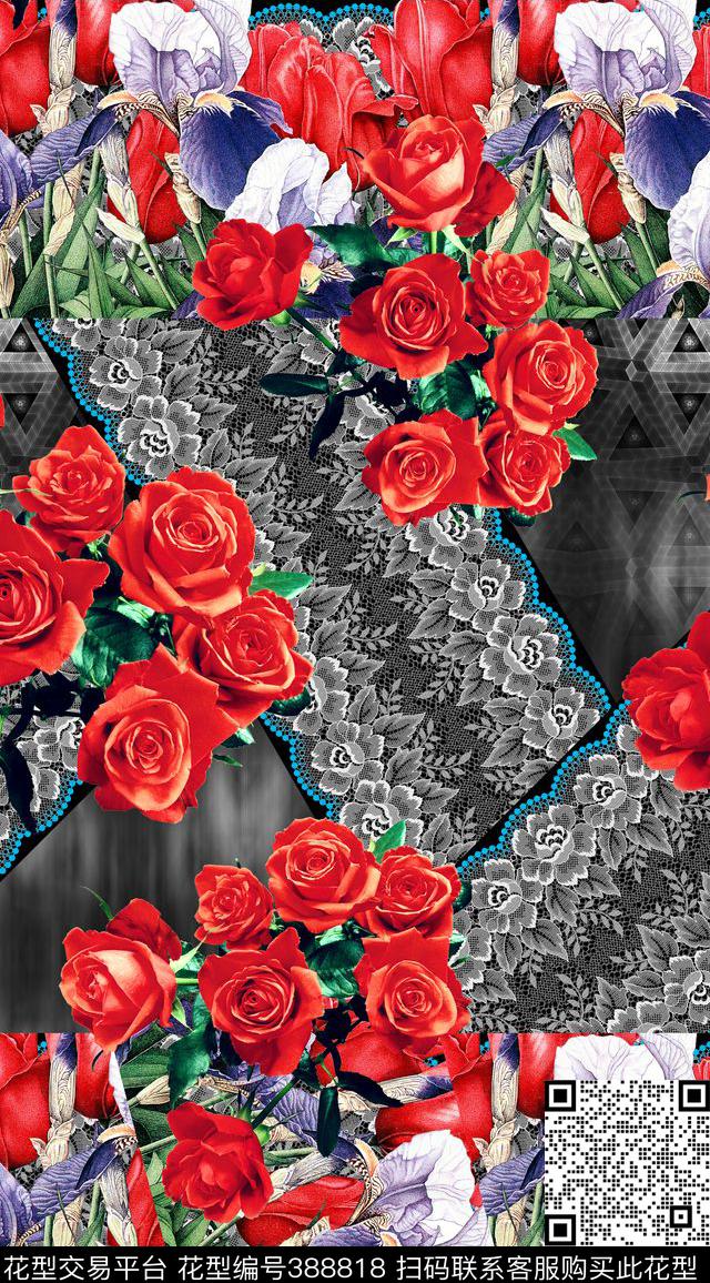 混搭蕾丝花卉数码印花华亿平台下载（图片编号: 388818） - 瓦栏（Walan）