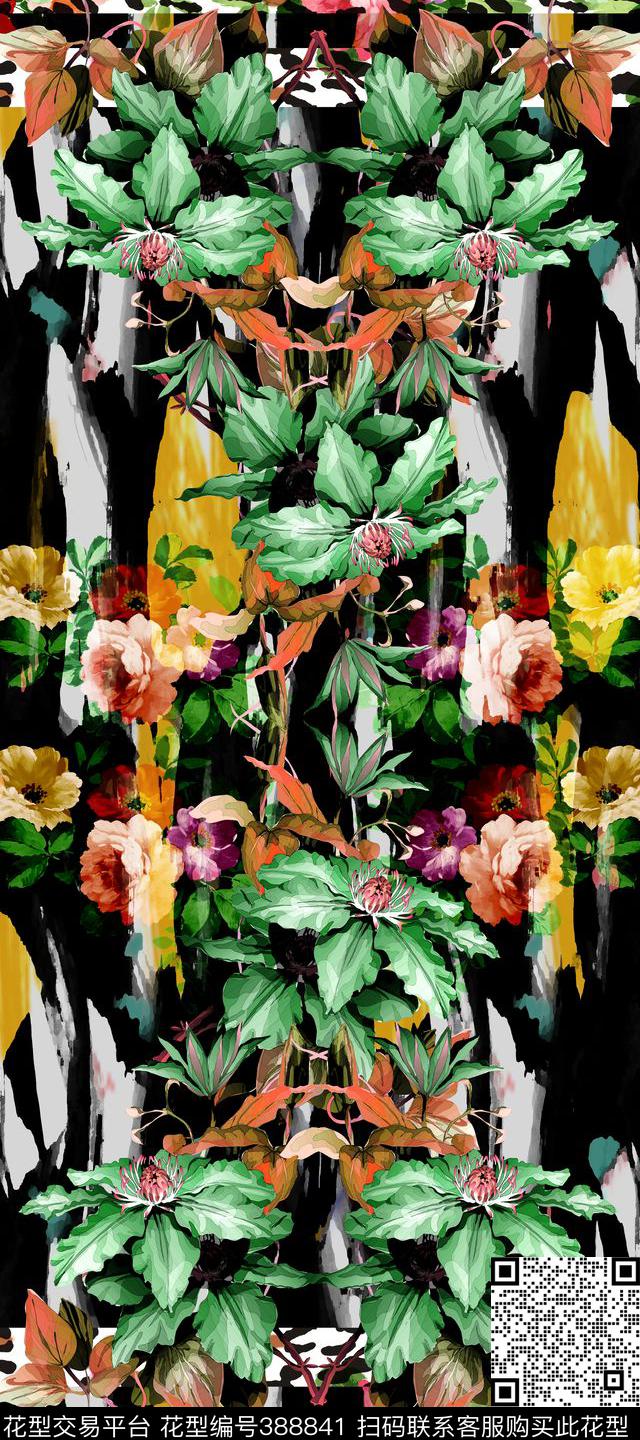 定位笔触花卉数码印花华亿平台下载（图片编号: 388841） - 瓦栏（Walan）