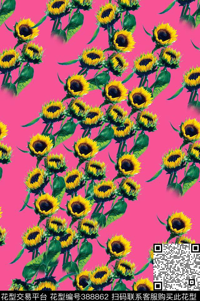 高端手绘向日葵数码印花华亿平台下载（图片编号: 388862） - 瓦栏（Walan）